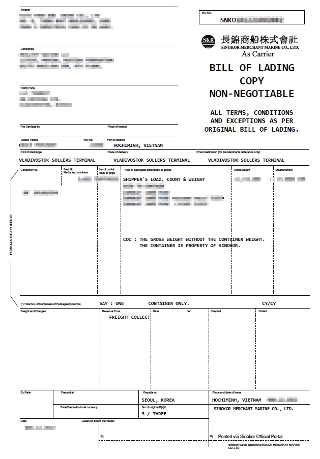 Пример морского коносамента на груз из Вьетнама — Авангард Директ